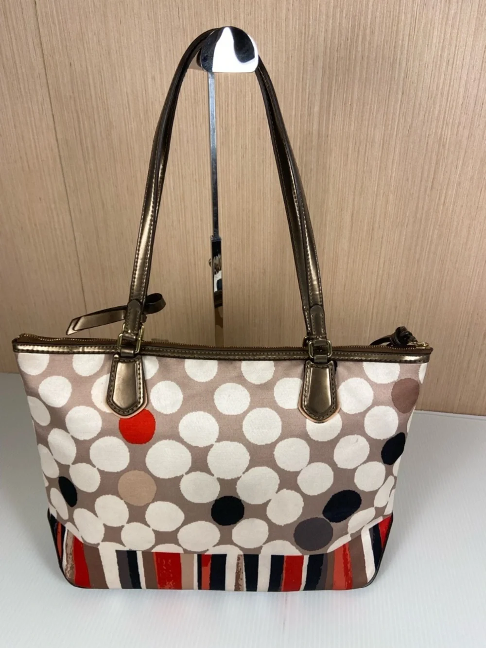 Coach Polka Dot Stripe Tote Satin Scarf Print Leather Trim Red Lining Rare